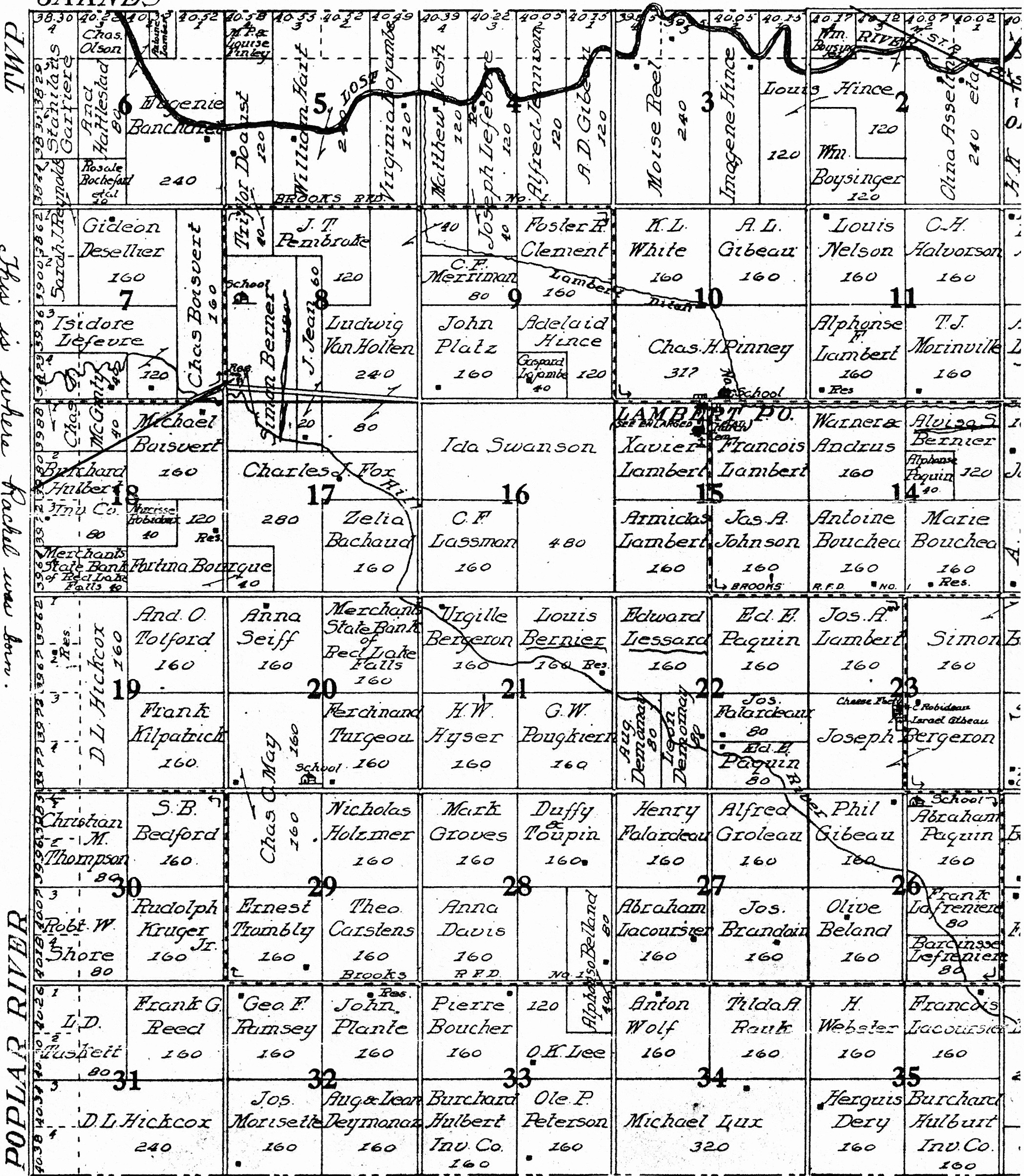 Plat map of Lambert Township showing land ownership parcels, roads, and rivers. Handwritten note on the left margin says 'This is where Rachel was born.'